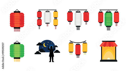 Colorful lanterns collection: festive red, green, yellow designs illuminating night skies and streets