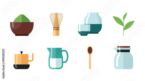 Minimalist flat design of matcha tea essentials and accessories collection