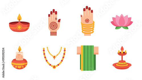 Diwali celebration icons: diyas, mehndi, bangles, lotus, candle, jewelry, sari, lamp