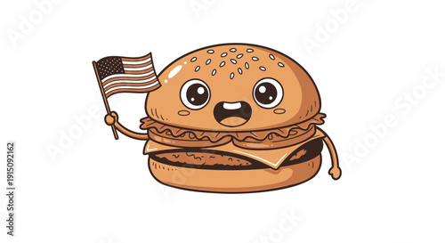 Cartoon hamburger character holding American flag isolated on transparent background