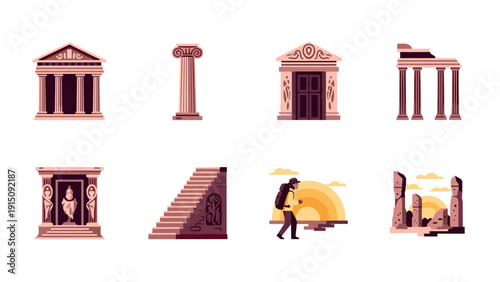 Iconic ancient architecture and traveler at sunset