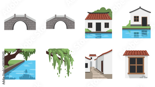 Traditional chinese architecture with bridges and nature elements