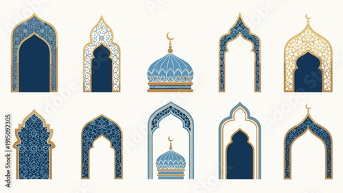 Ornate islamic archway designs with moroccan patterns and golden accents