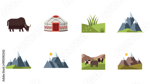 Mongolian landscape: herds, yurts, and mountains in flat design style