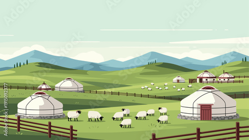 Pastoral landscape with yurts and grazing sheep in rolling hills