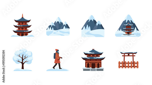 Winter scenery and japanese landmarks in minimalist style