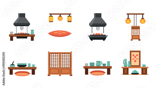 Modern asian home interior elements in flat style with cooking and dining themes