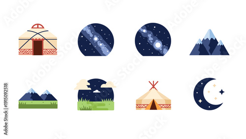 Minimalist nomadic life: yurts and mountain landscapes with night sky elements