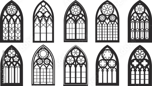Gothic cathedral window silhouettes collection, stained glass church arches set, black vector illustration isolated on white background, medieval architectural design