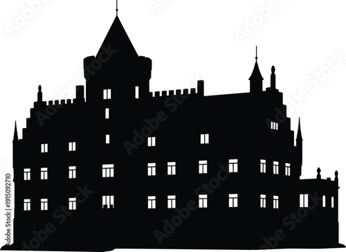 Historic castle silhouette, medieval fortress architecture, ancient European palace building, gothic tower landmark, vintage city architecture vector illustration isolated on white background