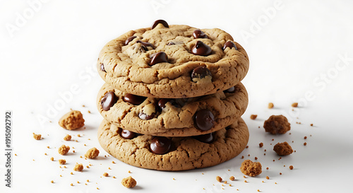 Stack of three freshly baked chocolate chip cookies with melted chocolate and nuts on white background, top view, delicious dessert food photography