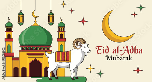 Celebrating Eid al-Adha with a majestic ram standing before a mosque under a crescent moon