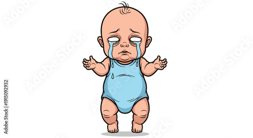 Emotive cartoon drawing of a young child, possibly a toddler, standing alone and crying heavily, expressing feelings of great sadness, discomfort, or disappointment
