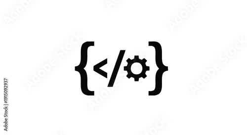 Code Brackets with Gear Icon Silhouette on White Background