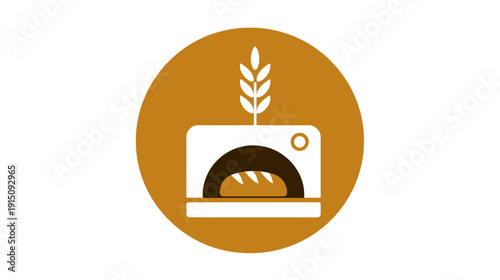 A stylized illustration depicting a bread oven with wheat growing on top. It is encased in a circle