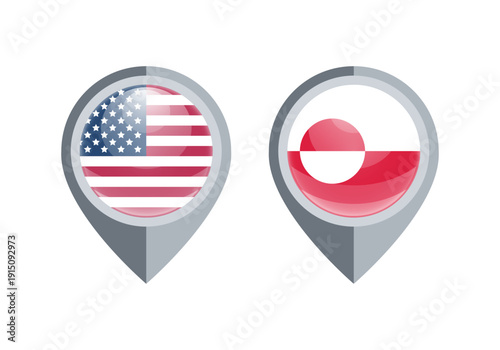 USA and Greenland flag map pins isolated on white background. Glossy location marker icons for travel, navigation, geopolitics, and international business design. Free Download USA and Greenland flag map pins isolated on white background. Glossy location marker icons for travel, navigation, geopolitics, and international business design. - GFXLoad