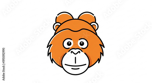Cartoon monkey face with orange fur and white muzzle on white background smiling and looking forward