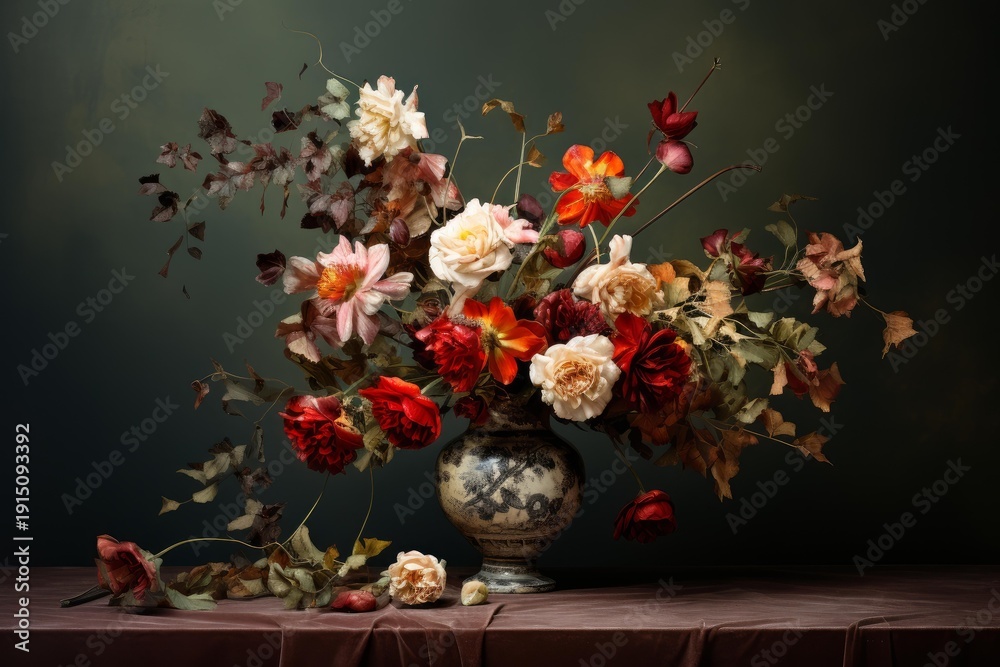Fototapeta premium Artistic still life arrangement of vibrant and fading flowers in a decorated vase