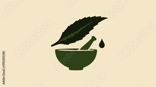 A natural medicine logo showing a leaf, mortar, pestle, and a drop