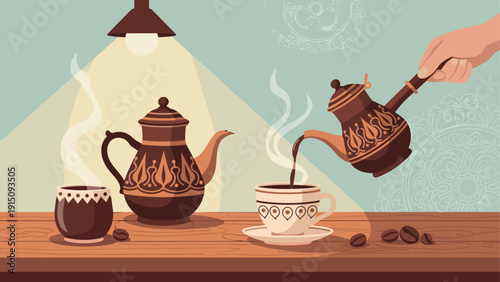 Cozy coffee and tea scene with steaming pot and cups in warm tones