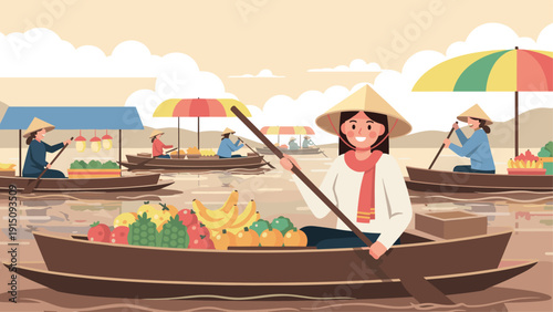 Floating market scene with vendors selling fresh produce on boats at river