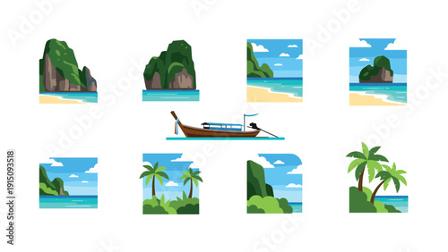 Scenic tropical beach icons with traditional boat and ocean views