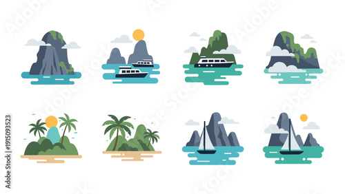 Scenic islands and boats in flat style with mountains and palm trees