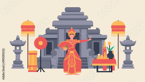 Traditional balinese dance in front of ancient temple with cultural elements in flat design