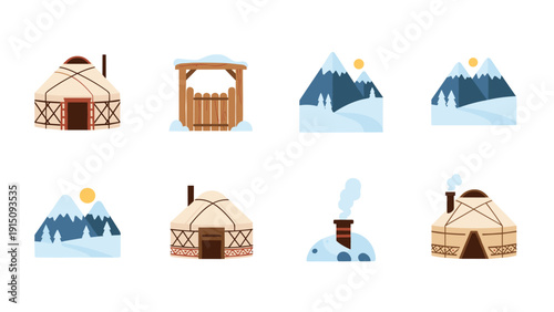 Flat winter landscape with yurts and snowy mountains