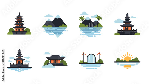 Serene asian landscape: minimalist pagoda and mountain designs