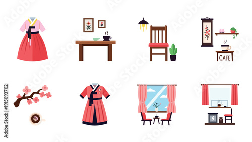 Traditional korean interior elements with hanbok and sakura in flat design