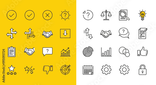 Set of Various Line Art Icons for Design and Infographics with Yellow and White Background