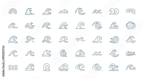 Set of Various Minimalist Wave Icons Depicting Oceanic Forms in Linear Style