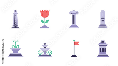 Flat monument elements set: columns, flags, and fountains