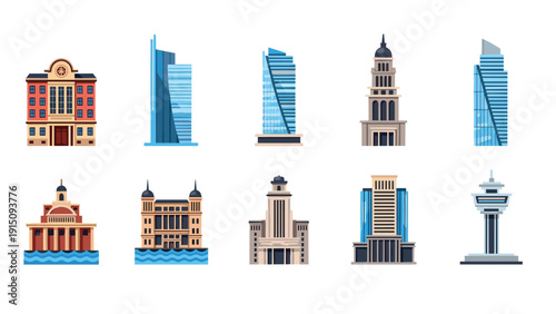 Modern city buildings icon set with historic architecture elements