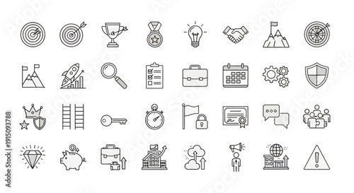 Set of Various Minimalist Icons Representing Goals and Concepts of Business and Success