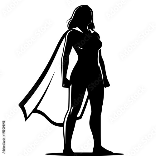 confident woman standing tall with cape symbolizing strength and empowerment in a powerful silhouette illustration representing female leadership.