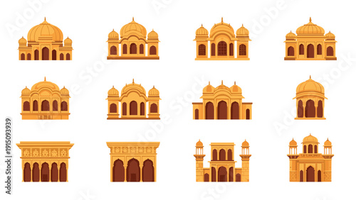 Flat style collection of traditional indian architecture elements