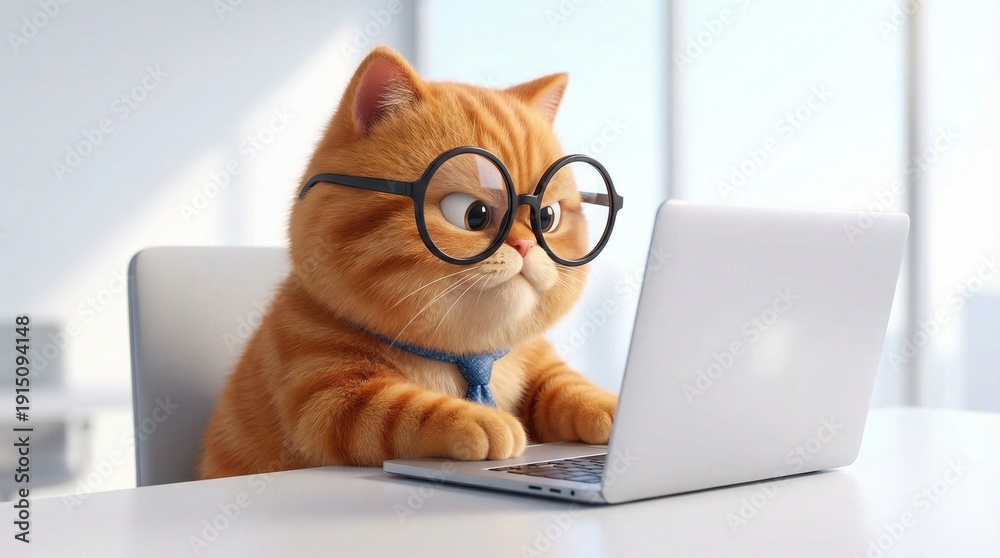 Fototapeta premium Smart ginger cat wearing glasses working on a laptop in an office(オフィスでノートパソコンに向かうメガネをかけた賢い茶トラ猫)