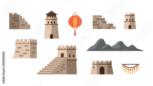Flat design elements of the great wall with chinese lantern and mountains