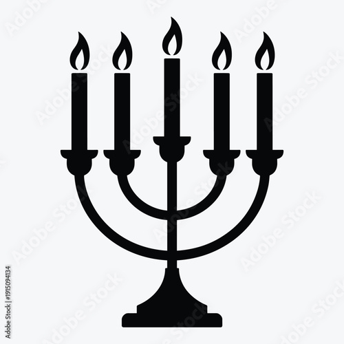 Elegant menorah with five lit candles on white background