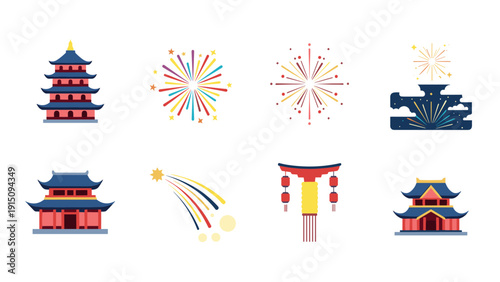 Colorful asian themed icon set with pagoda, torii gate, fireworks, and temples