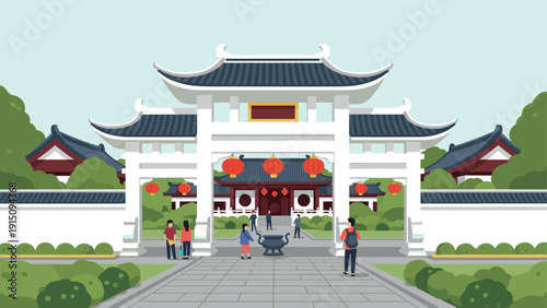 Traditional chinese garden with pagoda and lanterns in flat design