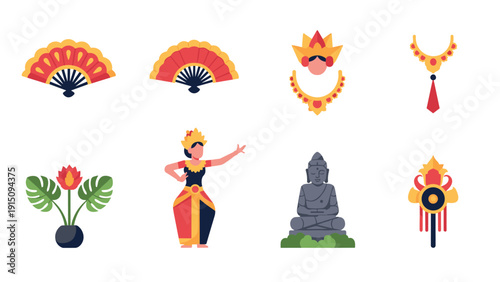 Flat traditional balinese elements with cultural icons and symbols