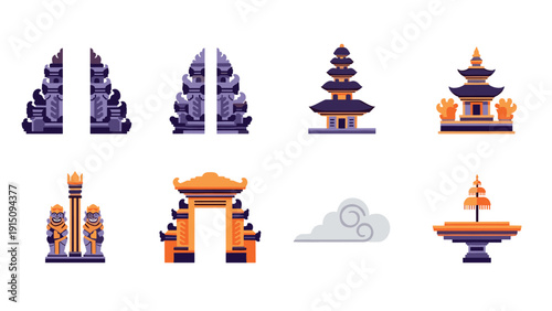 Traditional balinese architecture: gates, temples, and sculptures in flat design
