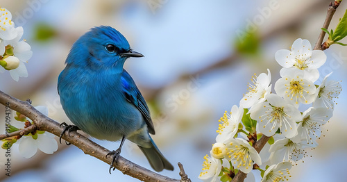 photograph of a real life small blue bird perched delicately on a blossoming tree branch the bird has vibrant turquoise and sky blue feathers
