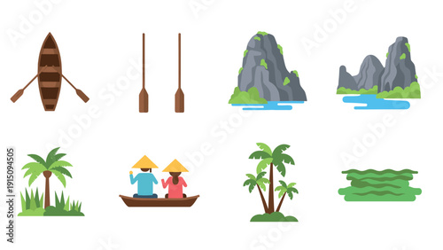 Flat style tropical landscape elements with boat and paddle