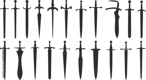 Medieval sword silhouettes collection, ancient blade weapons set, black vector illustration isolated on white background, historical knight armor design elements