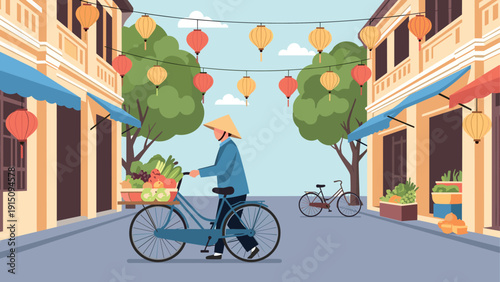 Charming asian street with cyclist and lanterns in flat style