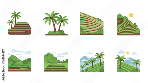 Idyllic terrace farming icons set with tropical palm trees and lush green fields